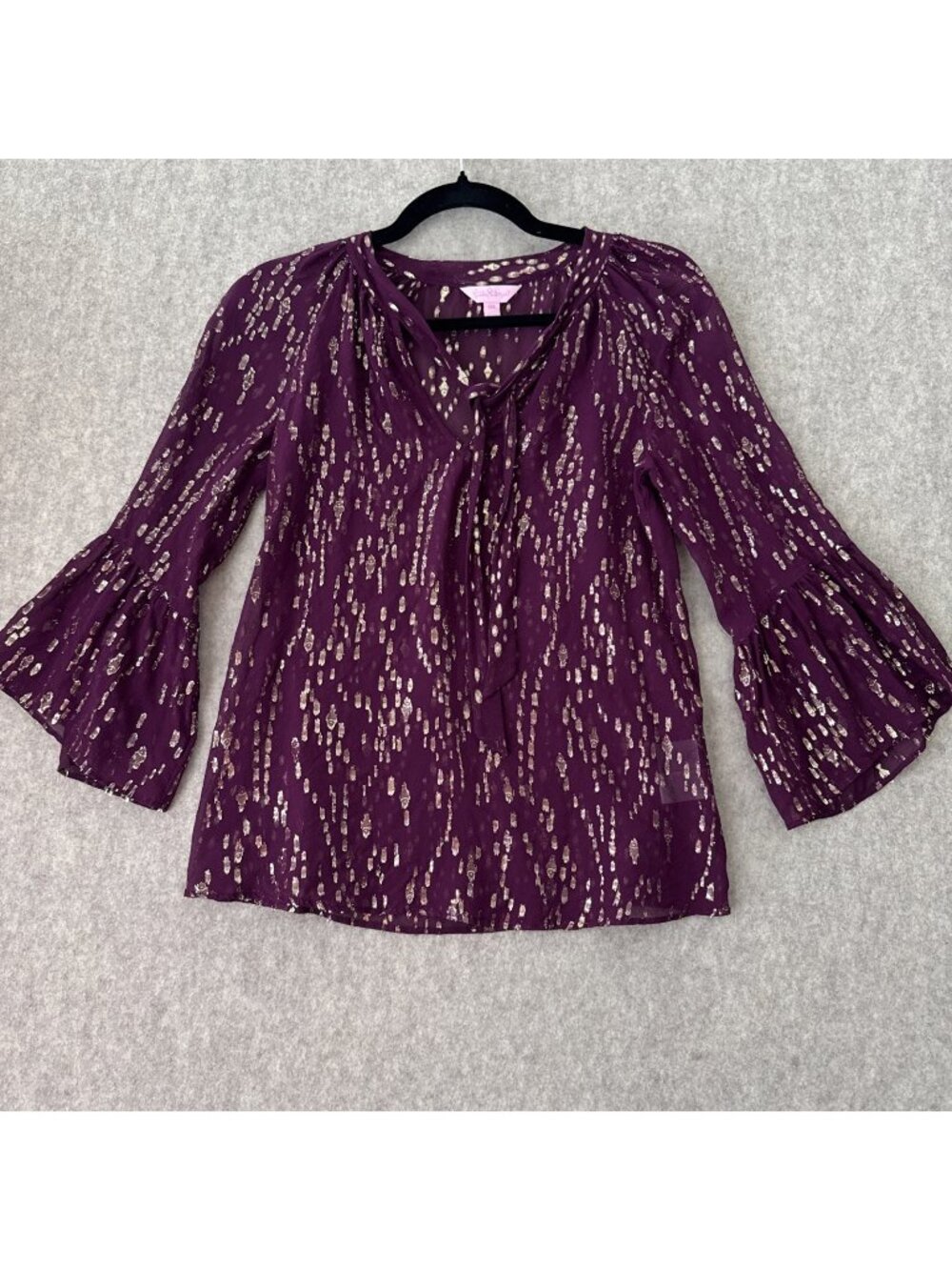 Lilly Pulitzer Silk Matilda Top Purple Metallic Blend Bell Sleeve Womens 2XSmall